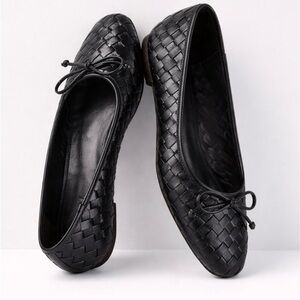SCHUTZ Black Woven Leather Ballet Flats with Bow